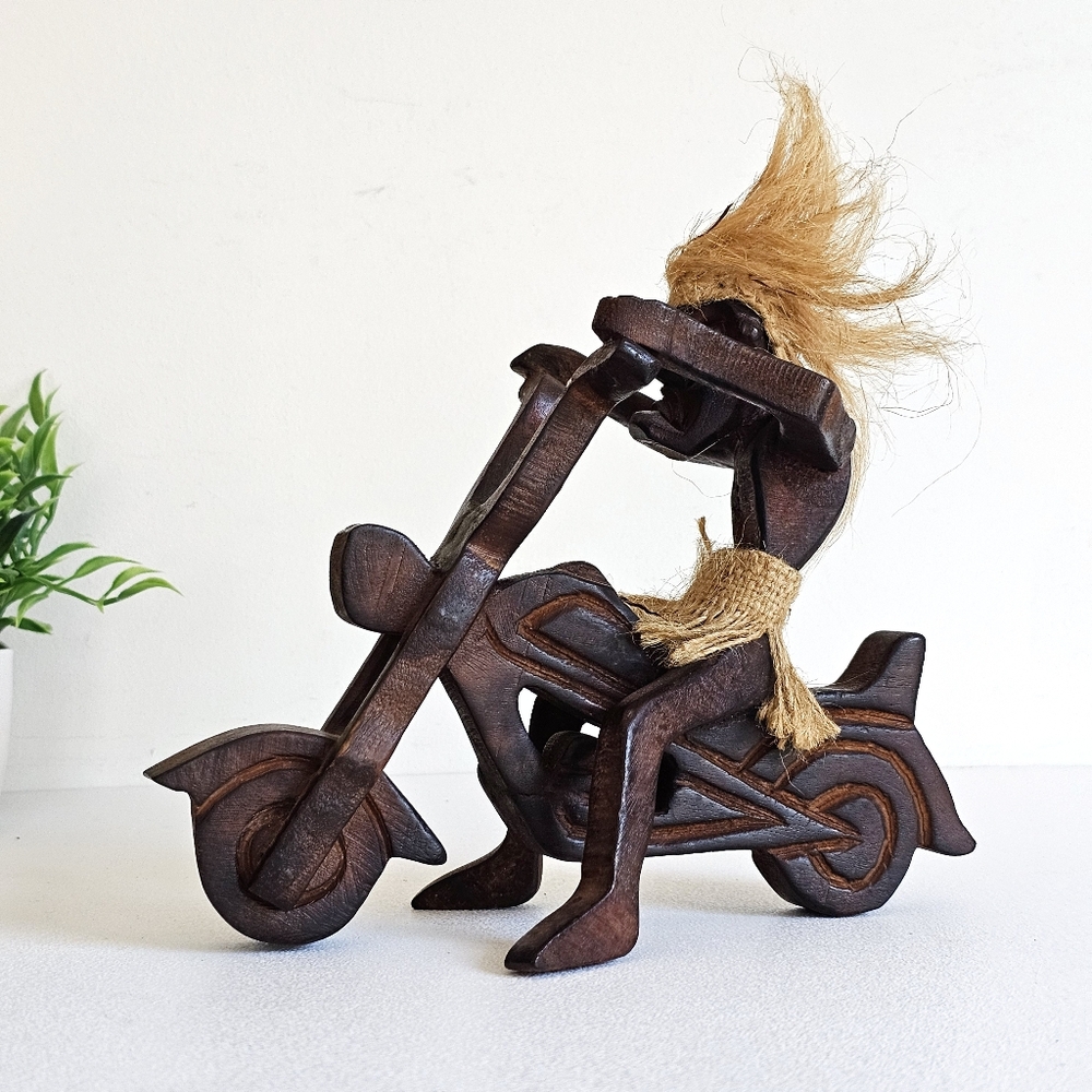 Handcrafted Wooden Motorcycle Sculpture Primitive Statue Biker Handmade Rider